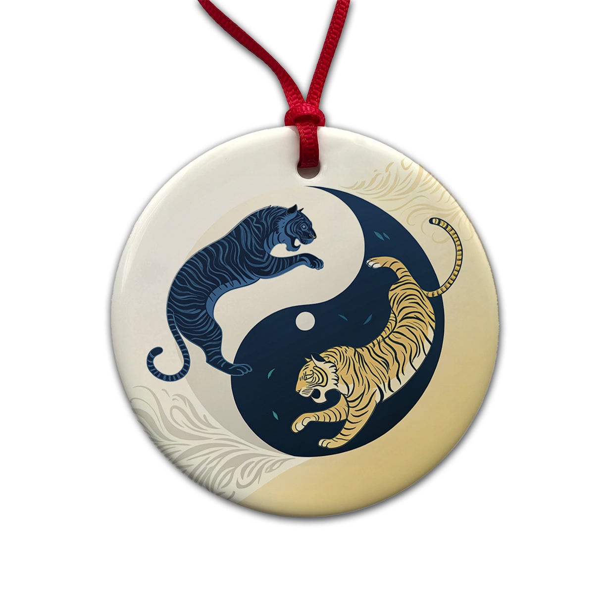 Two Tigers Yin Yang Round Ceramic Holiday Christmas Tree Ornament