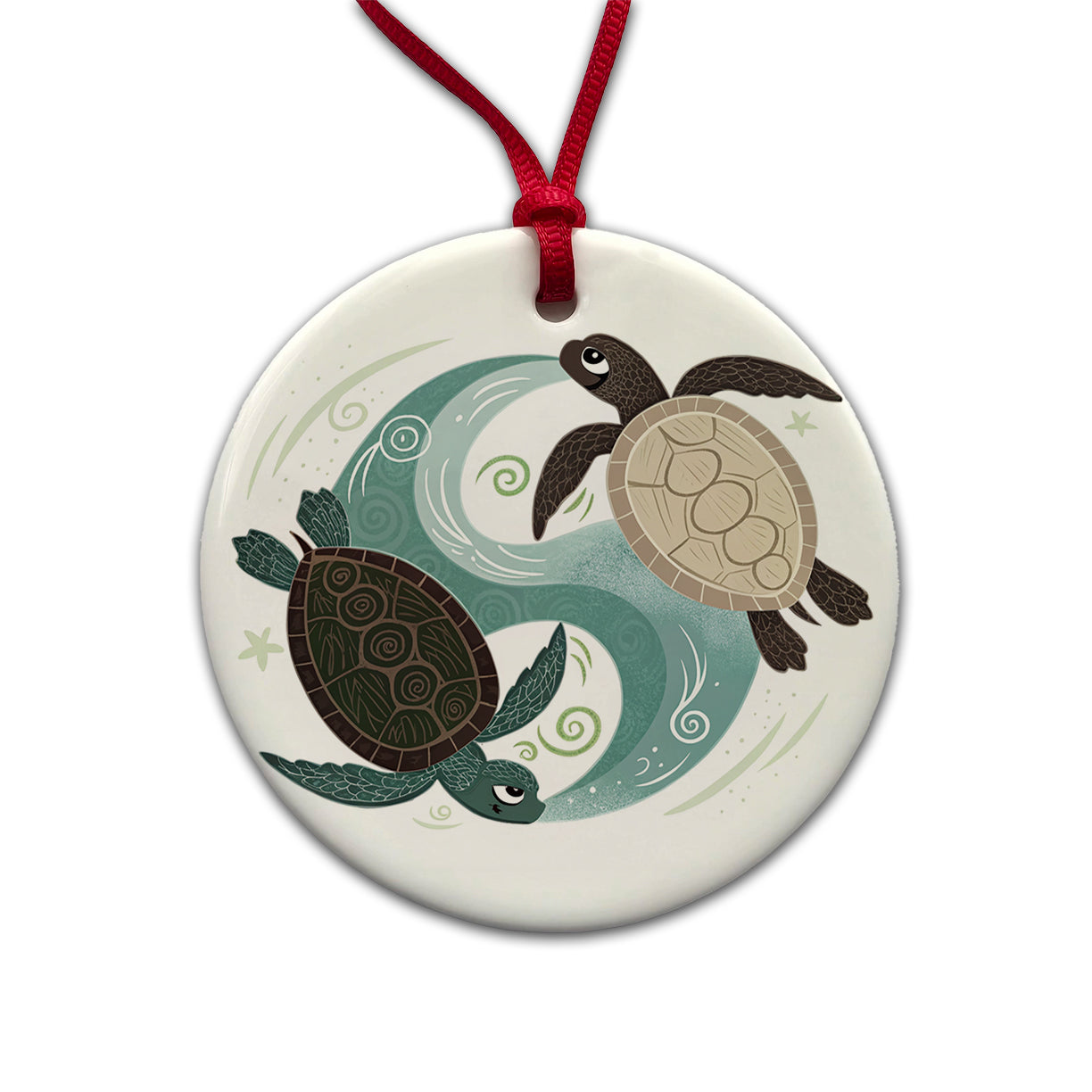 Two Turtles Yin Yang Round Ceramic Holiday Christmas Tree Ornament