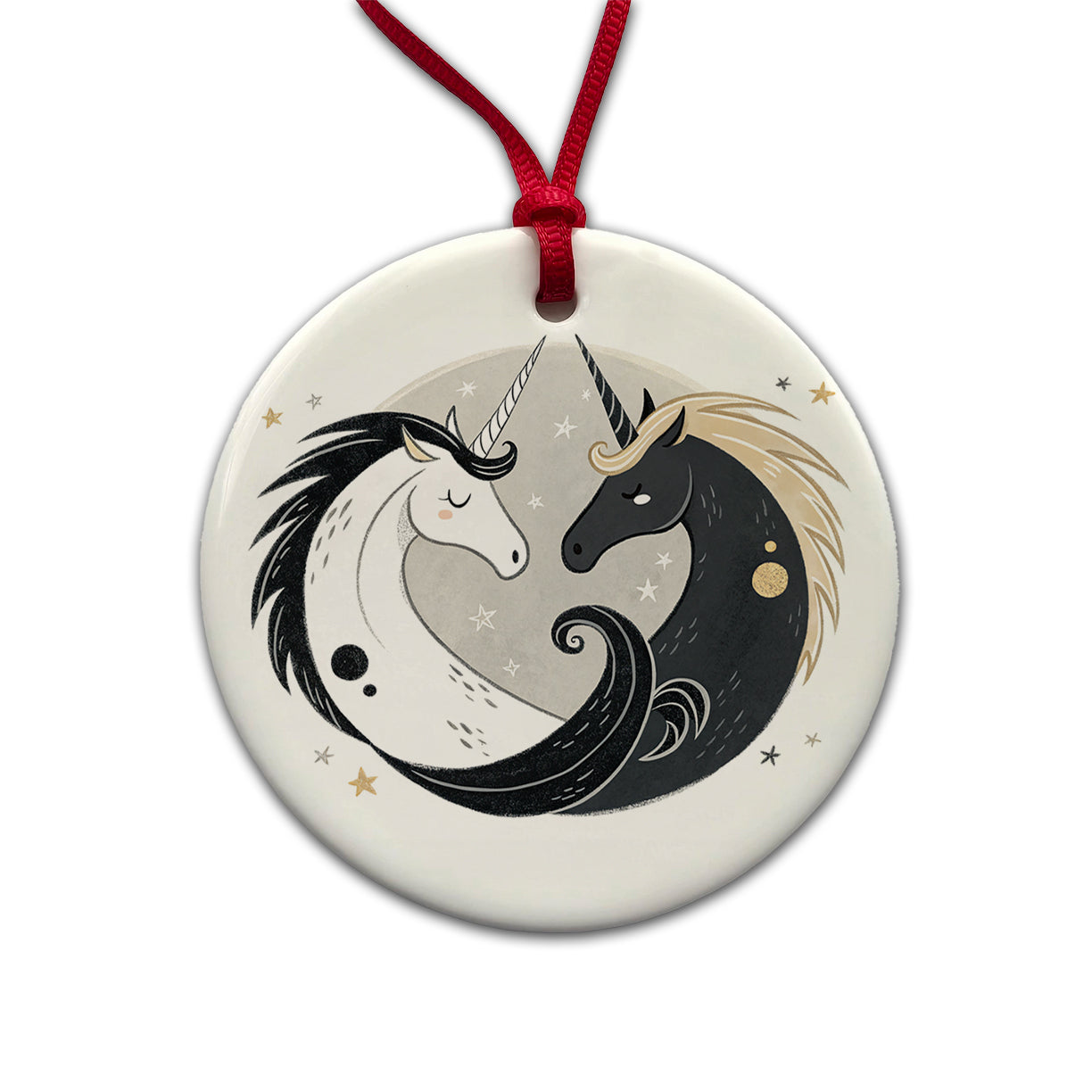 Two Unicorns Yin Yang Black White Round Ceramic Holiday Christmas Tree Ornament