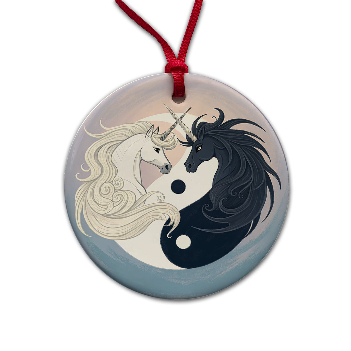 Two Unicorns Yin Yang Round Ceramic Holiday Christmas Tree Ornament