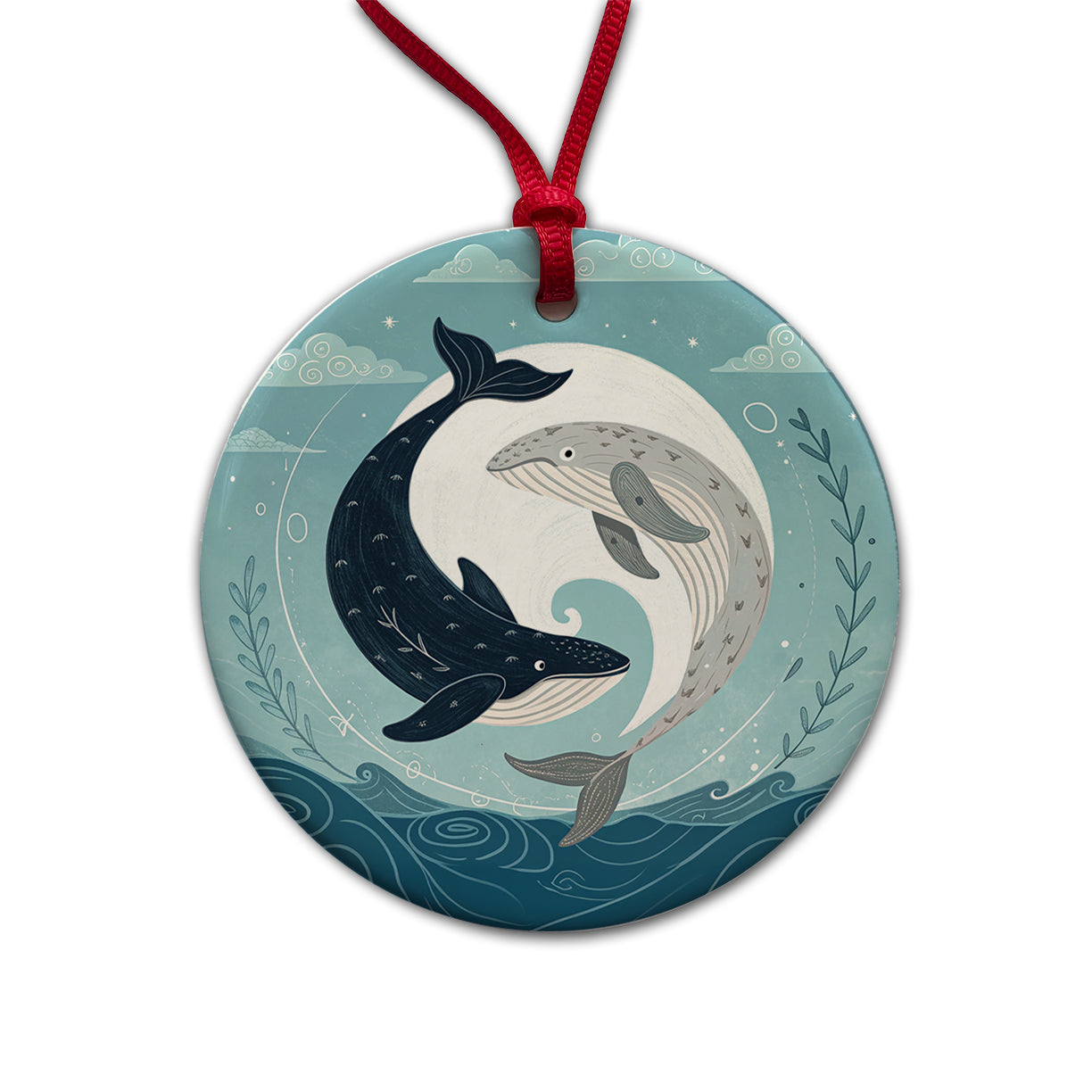 Two Whales Yin Yang Ocean Sky Round Ceramic Holiday Christmas Tree Ornament