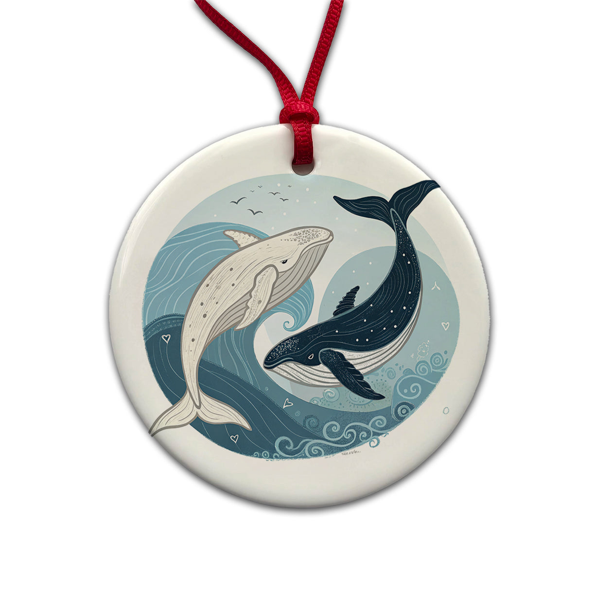 Two Whales Yin Yang Round Ceramic Holiday Christmas Tree Ornament
