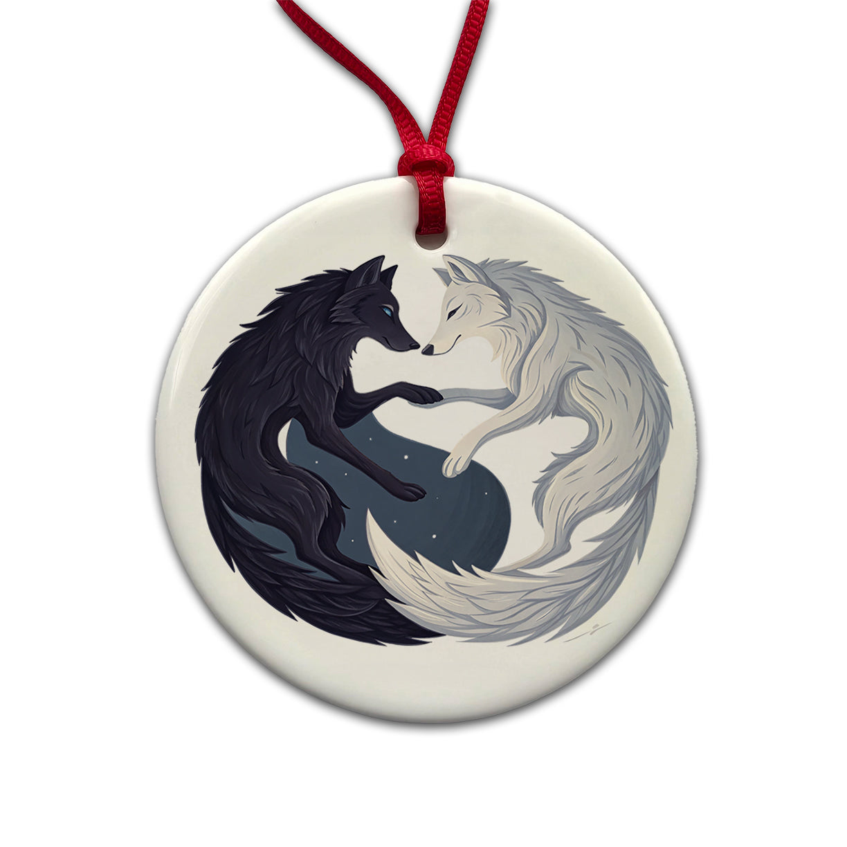 Two Wolves Yin Yang Black White Round Ceramic Holiday Christmas Tree Ornament