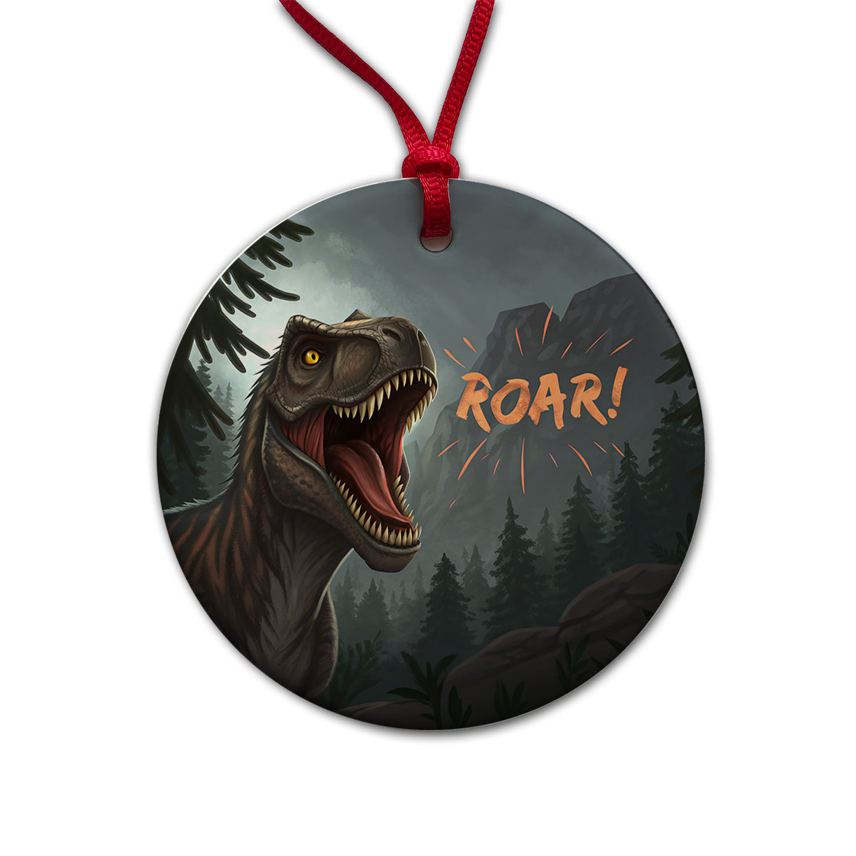 Tyrannosaurus T-Rex Dinosaur Roar Bold Text Round Ceramic Holiday Christmas Tree Ornament