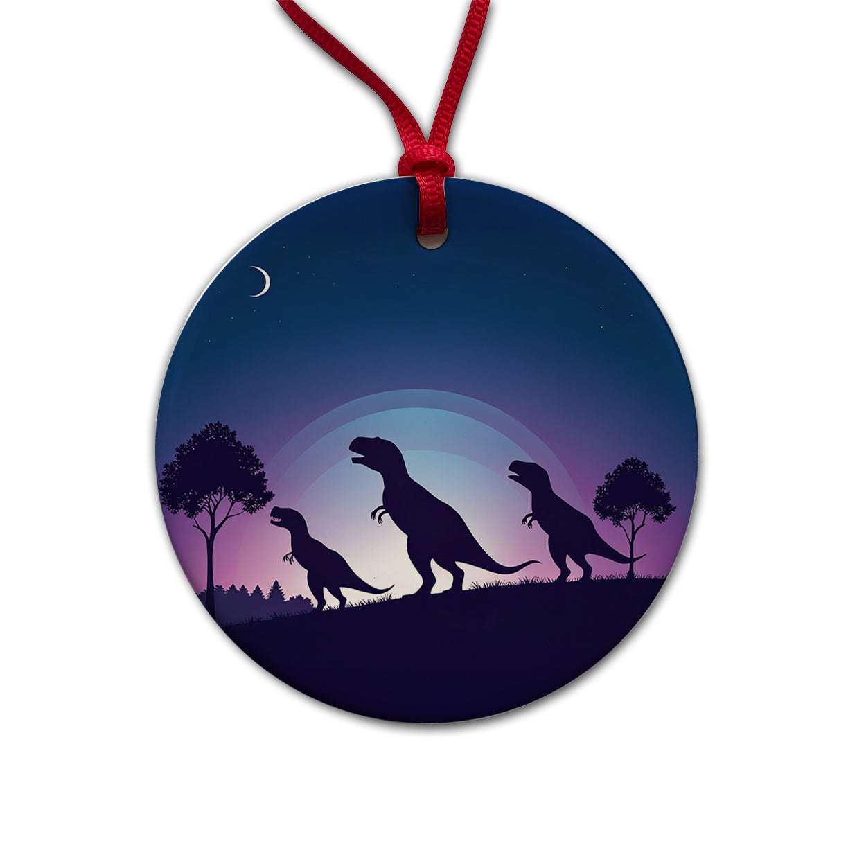 Tyrannosaurus T-Rex Dinosaur Silhouettes Round Ceramic Holiday Christmas Tree Ornament