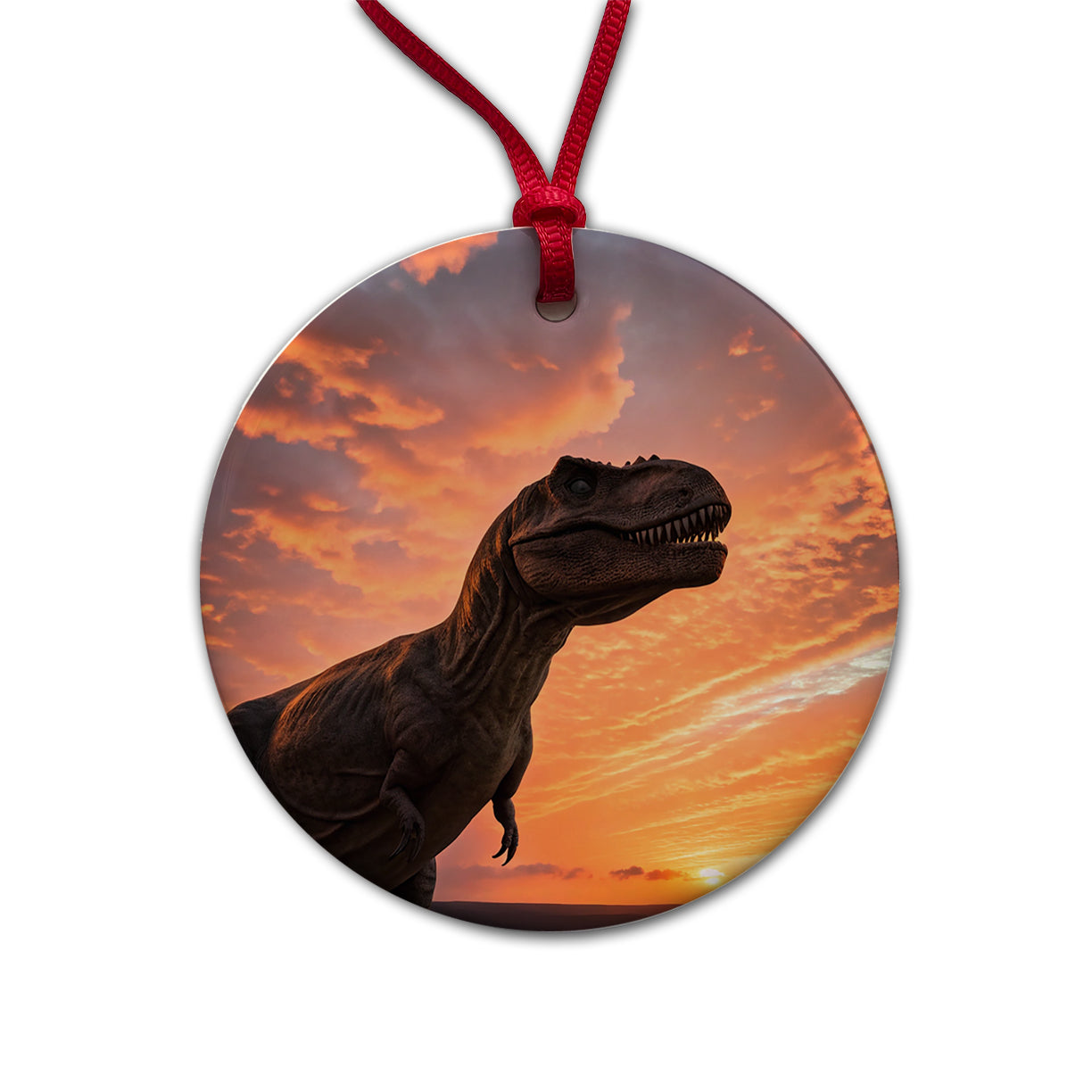Tyrannosaurus T-Rex Dinosaur Sunset Sunrise Round Ceramic Holiday Christmas Tree Ornament