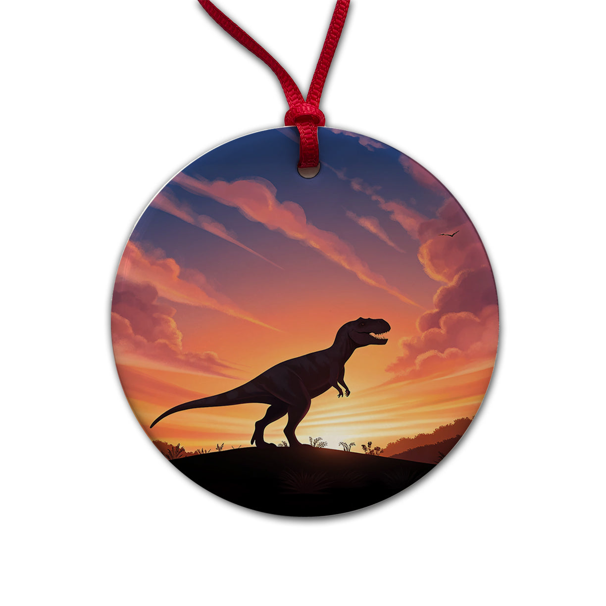 Tyrannosaurus T-Rex Dinosaur Sunset Round Ceramic Holiday Christmas Tree Ornament