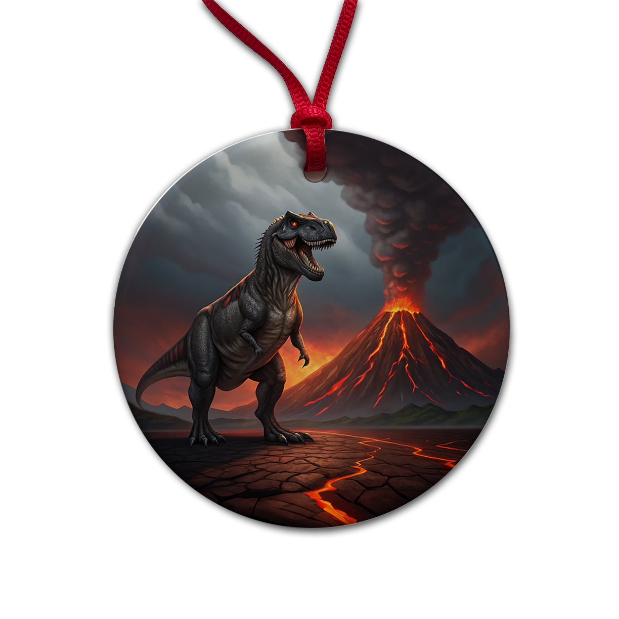 Tyrannosaurus T-Rex Dinosaur Volcano Erupting Round Ceramic Holiday Christmas Tree Ornament