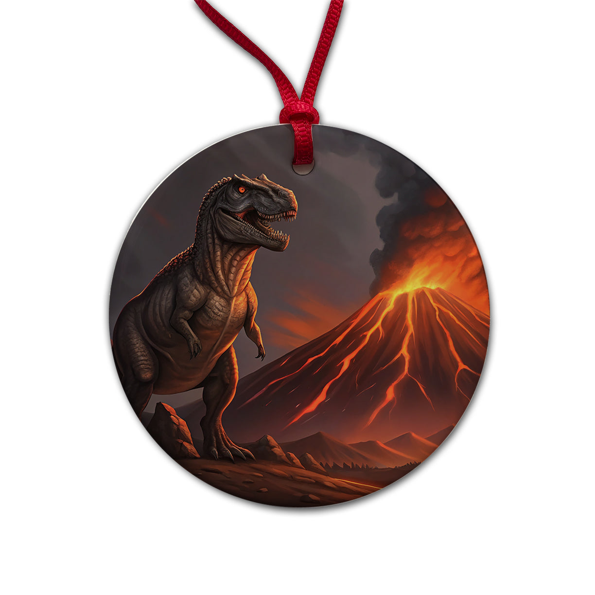 Tyrannosaurus T-Rex Dinosaur Volcano Lava Round Ceramic Holiday Christmas Tree Ornament