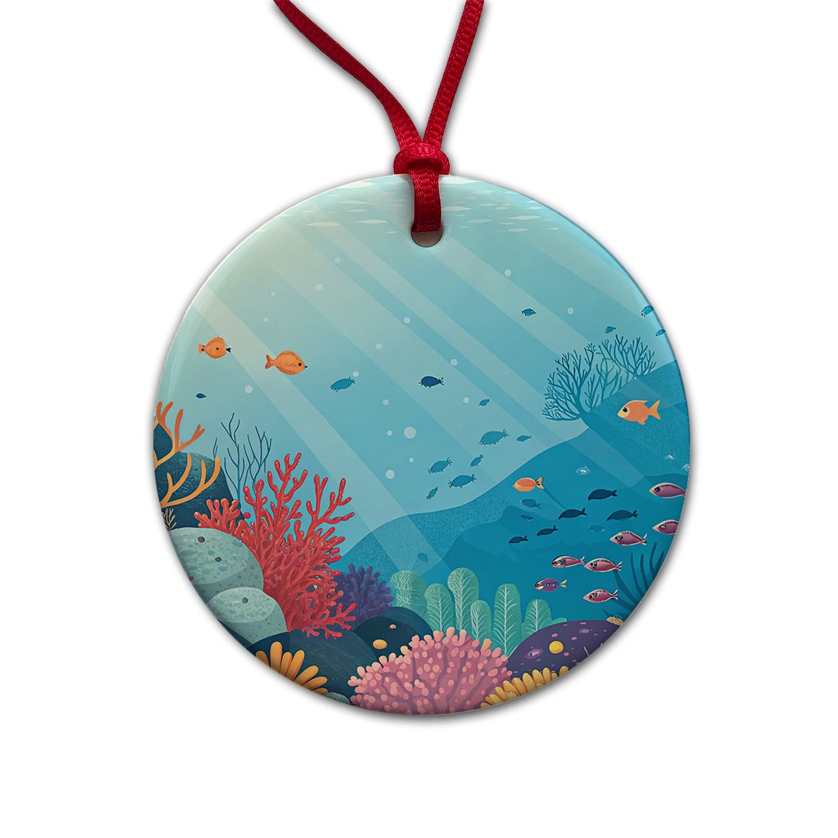 Underwater Reef Scene Fish Coral Ocean Tropical Round Ceramic Holiday Christmas Tree Ornament