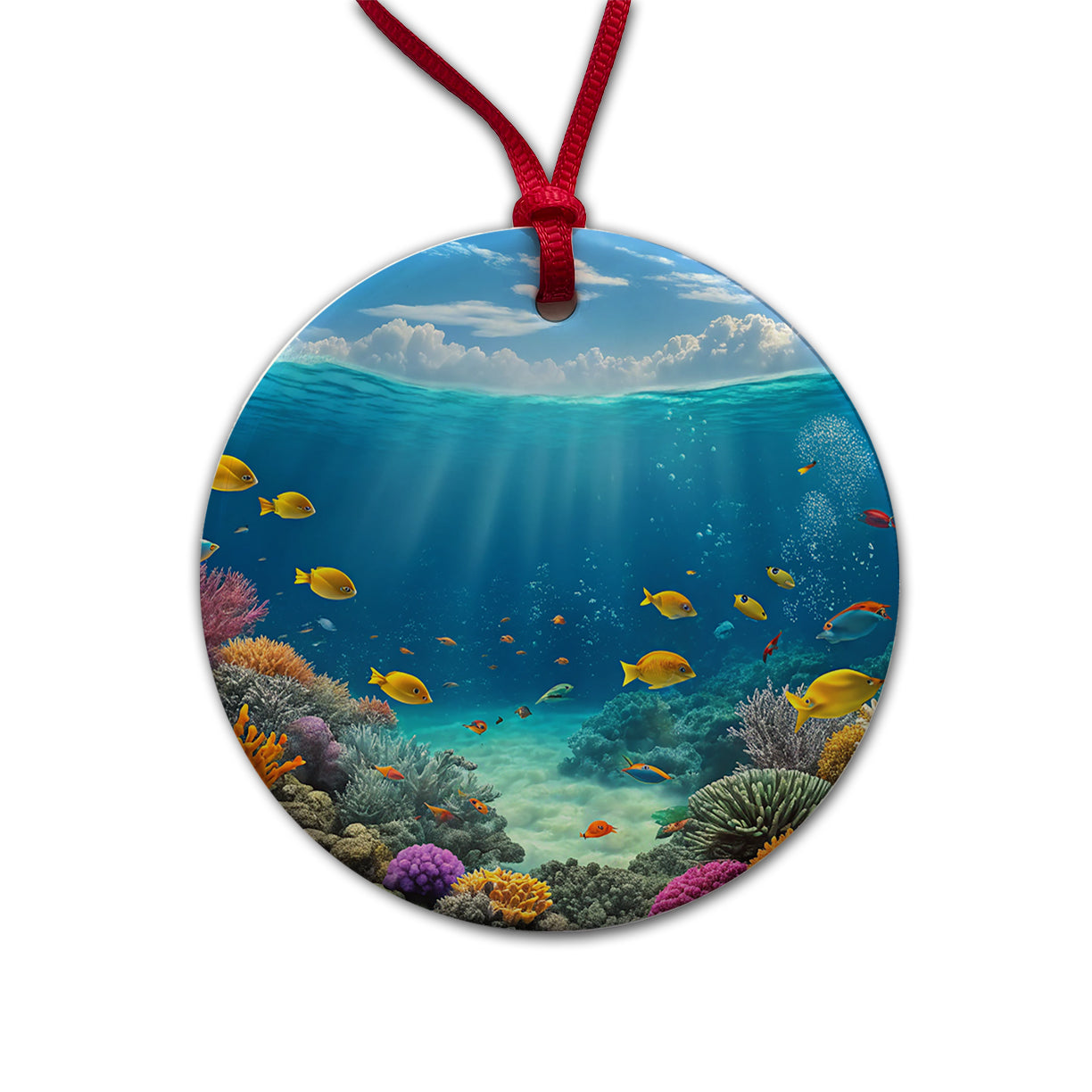Underwater Reef Scene Tropical Fish Ocean Round Ceramic Holiday Christmas Tree Ornament