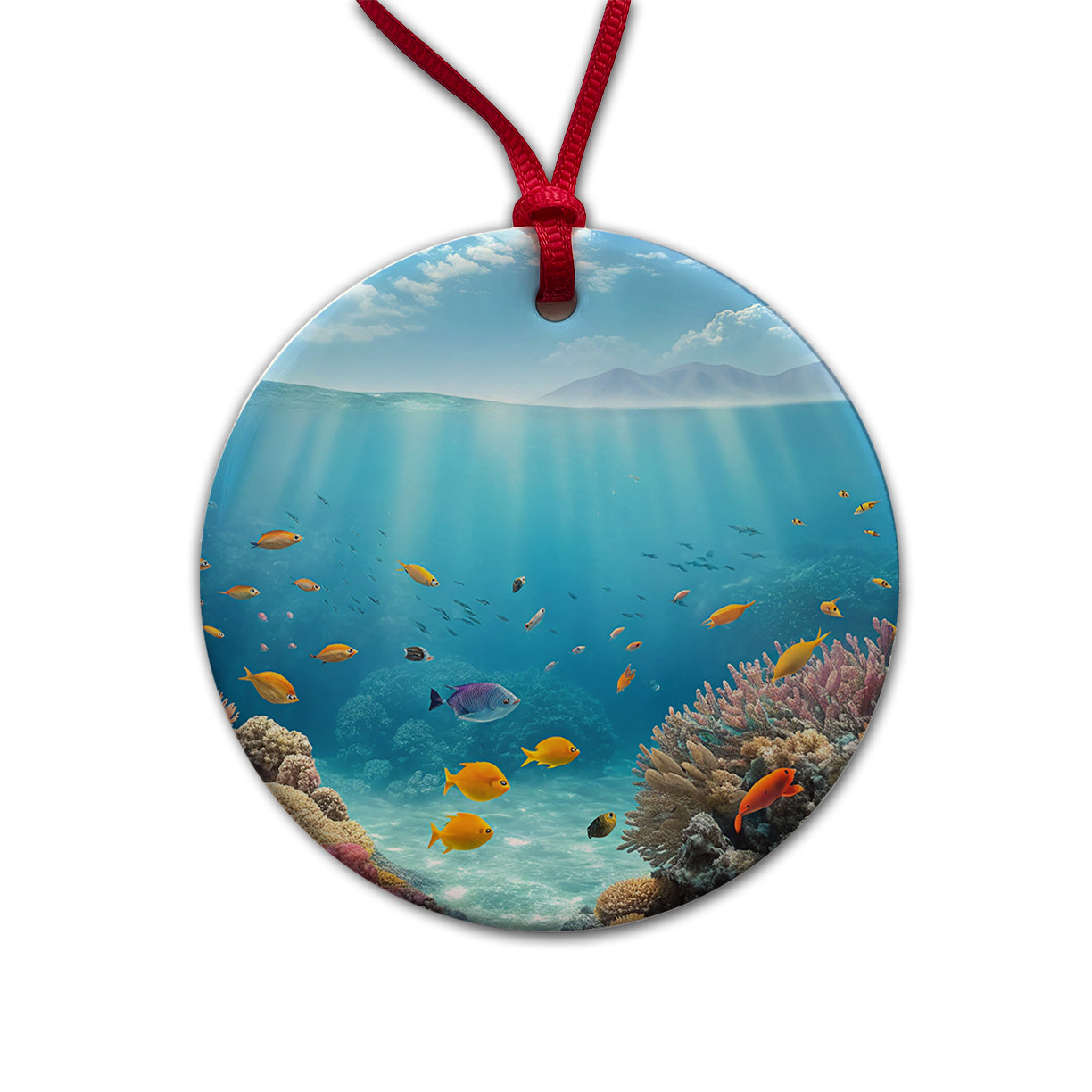 Underwater Scene Tropical Fish Ocean Round Ceramic Holiday Christmas Tree Ornament