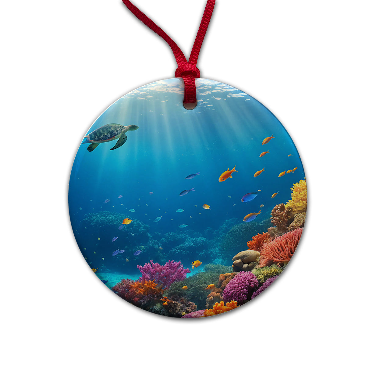 Underwater Scene Tropical Turtle Fish Coral Ocean Round Ceramic Holiday Christmas Tree Ornament