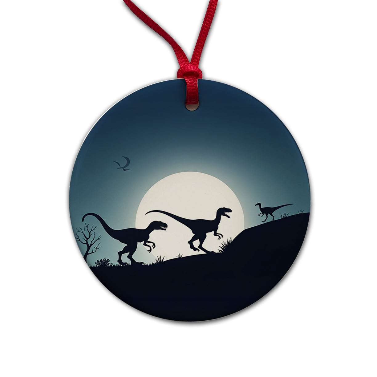 Velociraptor Silhouettes Dinosaurs Round Ceramic Holiday Christmas Tree Ornament