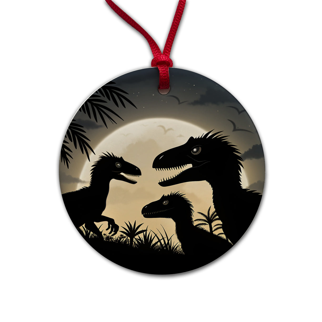 Velociraptor Silhouettes Night Dinosaur Round Ceramic Holiday Christmas Tree Ornament