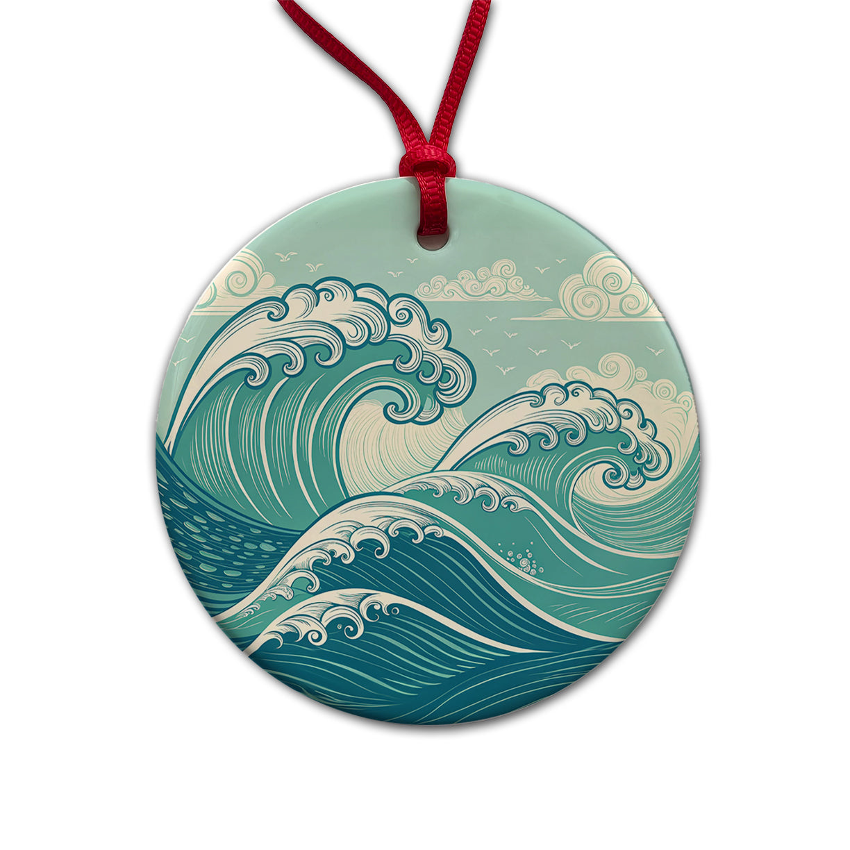 Vintage Ocean Waves Drawing Round Ceramic Holiday Christmas Tree Ornament