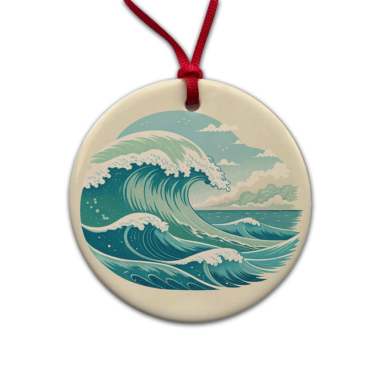 Vintage Ocean Waves Round Ceramic Holiday Christmas Tree Ornament