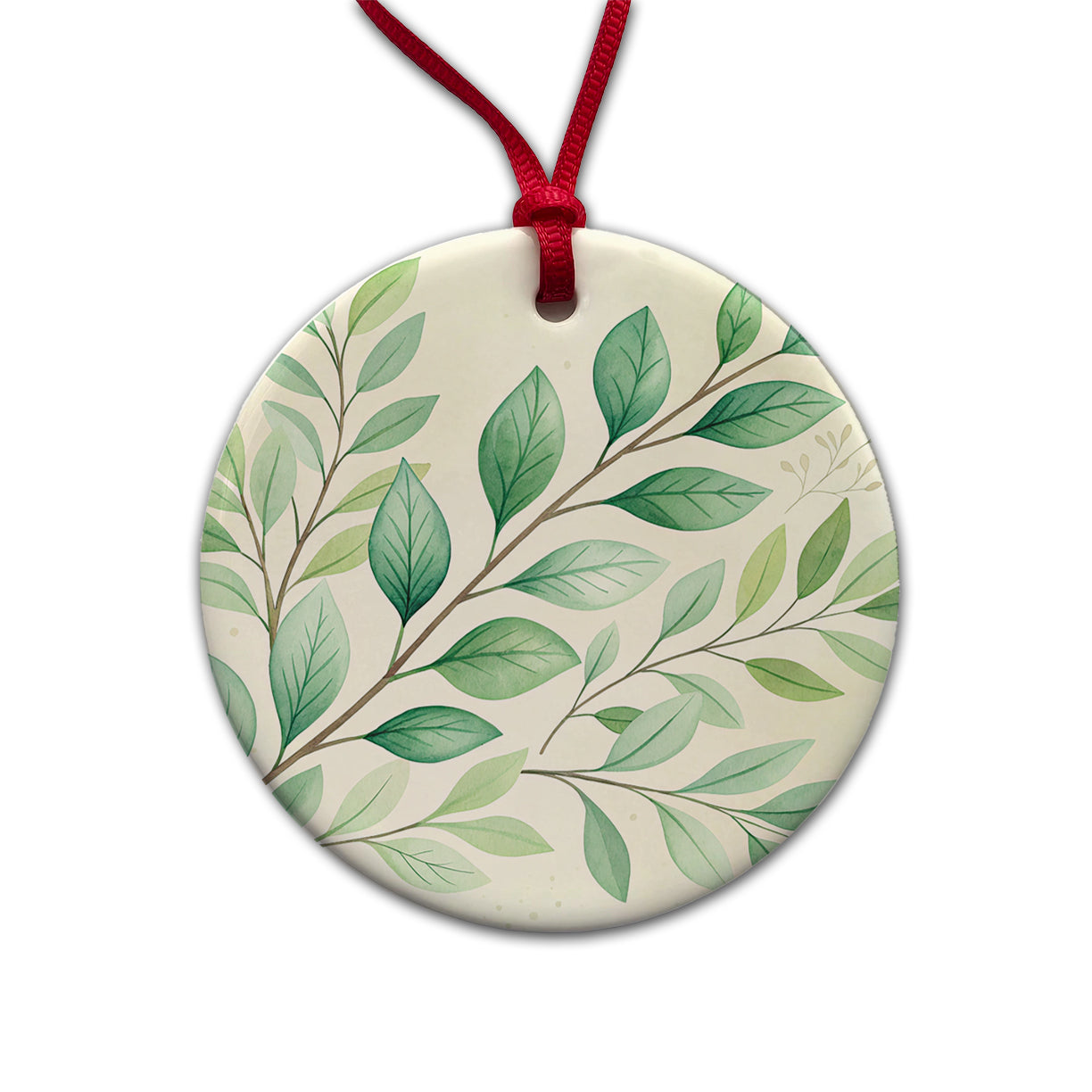 Watercolor Green Leaves And Branches Round Ceramic Holiday Christmas Tree Ornament