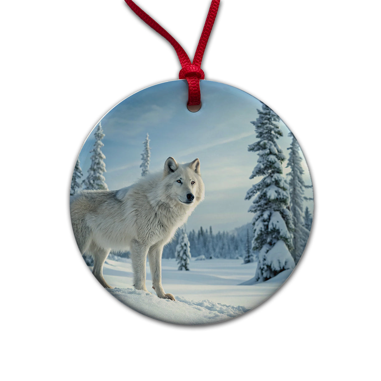 Wolf In Snow Scene Beautiful Round Ceramic Holiday Christmas Tree Ornament
