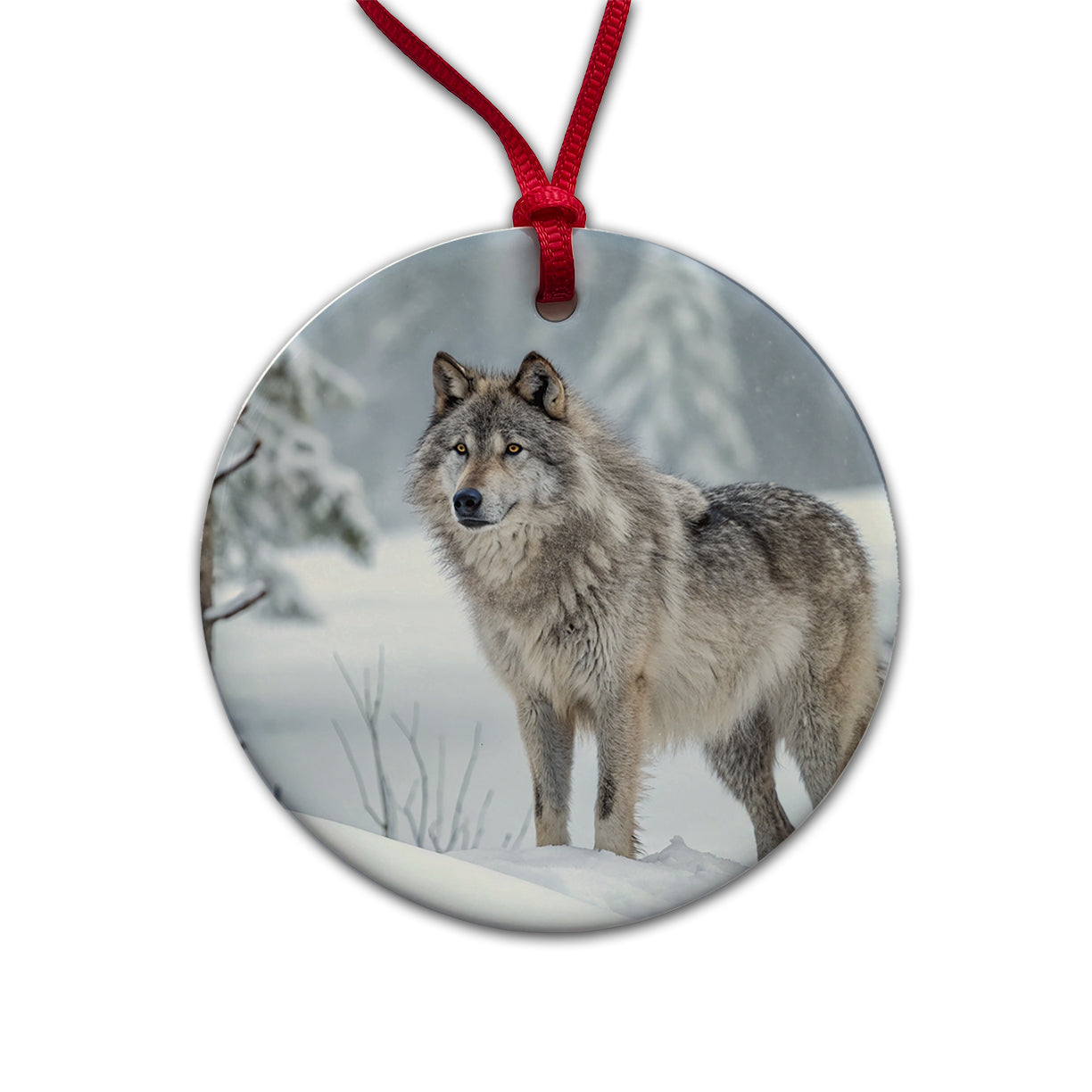 Wolf In Snow Scene Stunning Round Ceramic Holiday Christmas Tree Ornament