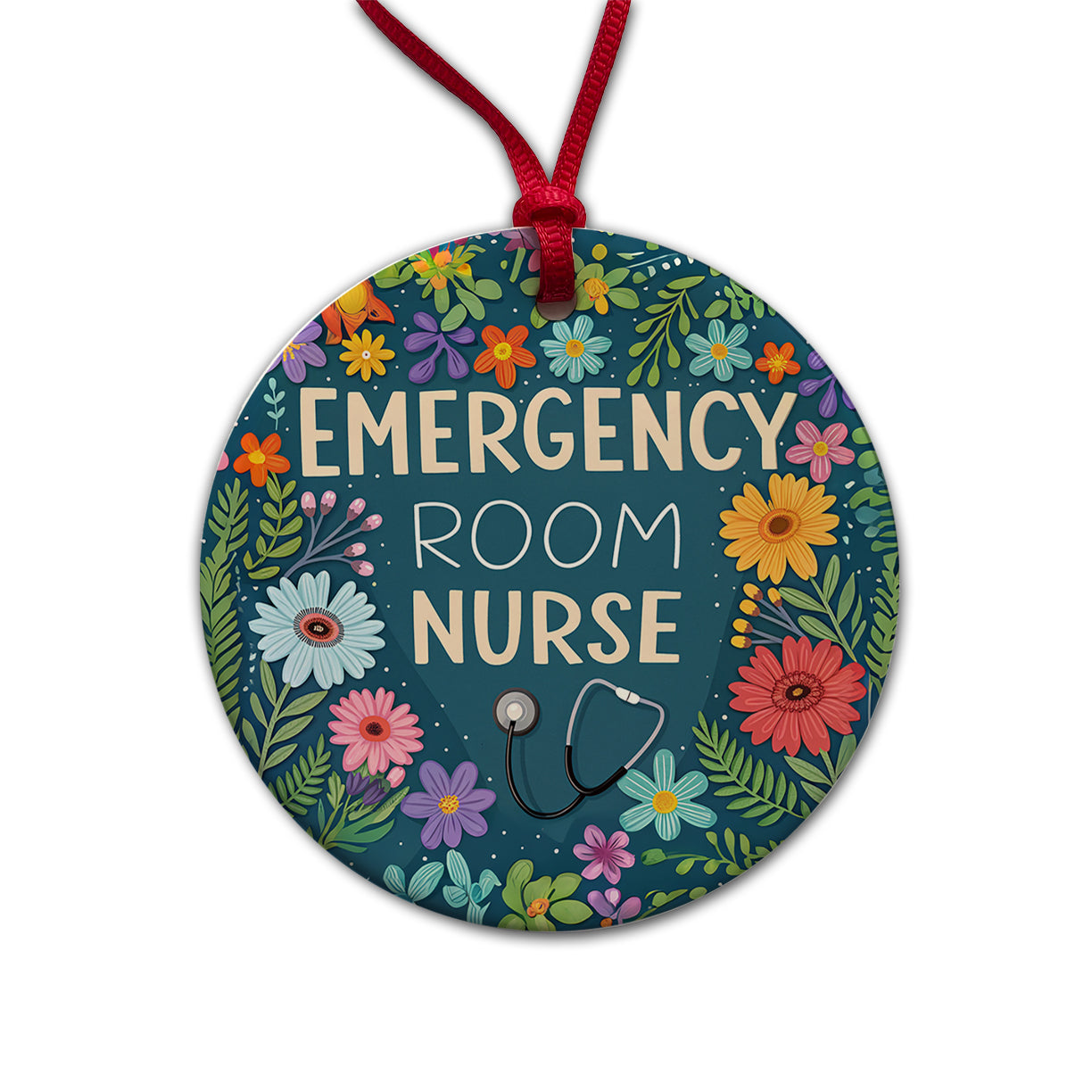 Emergency Room Nurse Appreciation Stethoscope Flowers Round Ceramic Holiday Christmas Tree Ornament