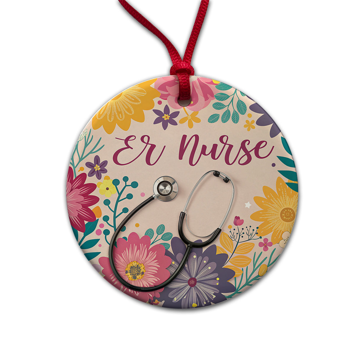 ER Emergency Room Nurse Appreciation Stethoscope Flowers Round Ceramic Holiday Christmas Tree Ornament