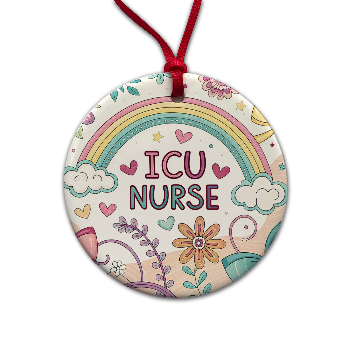 ICU Nurse Appreciation Coquette Bows Flowers Round Ceramic Holiday Christmas Tree Ornament