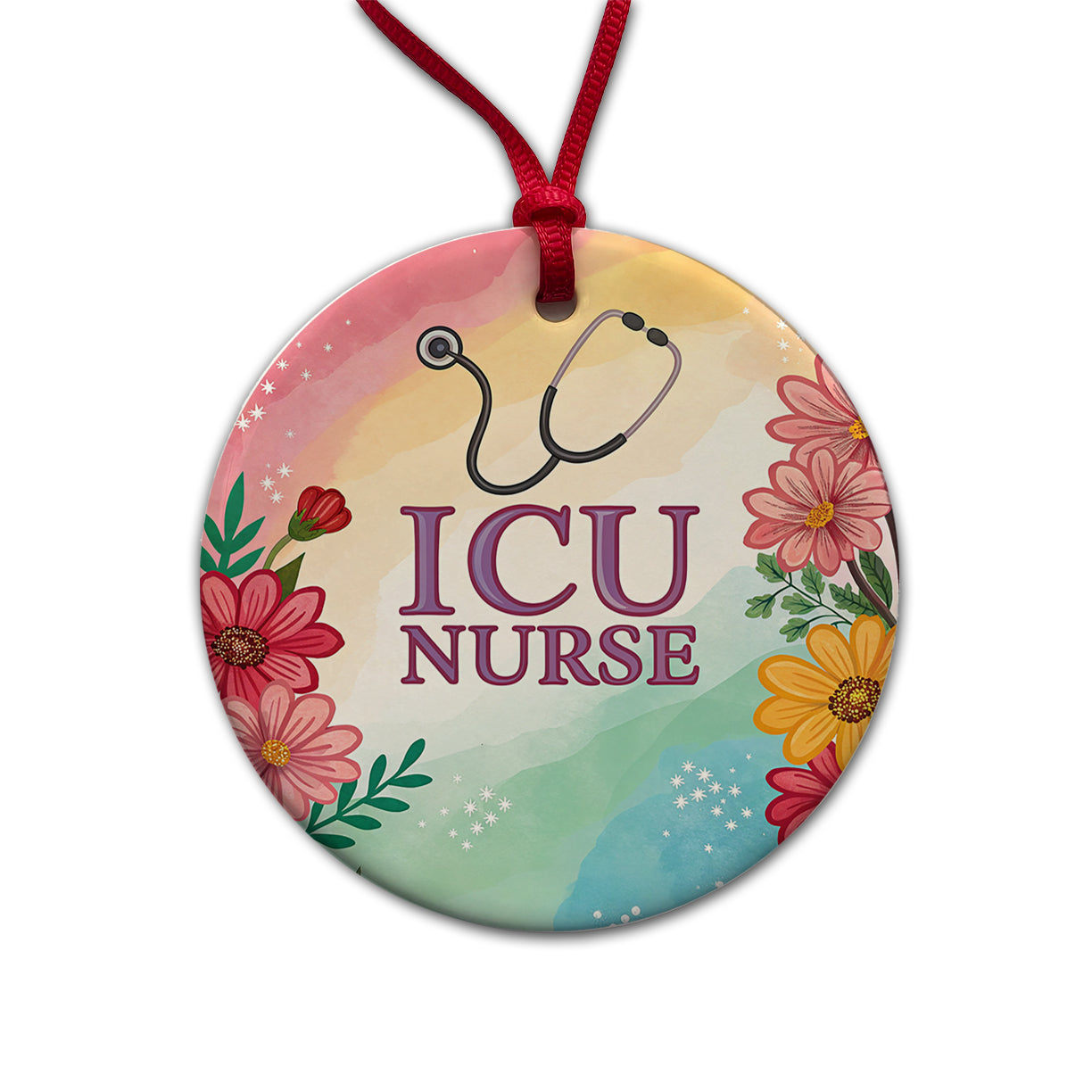 ICU Nurse Appreciation Stethoscope Flowers Floral Round Ceramic Holiday Christmas Tree Ornament