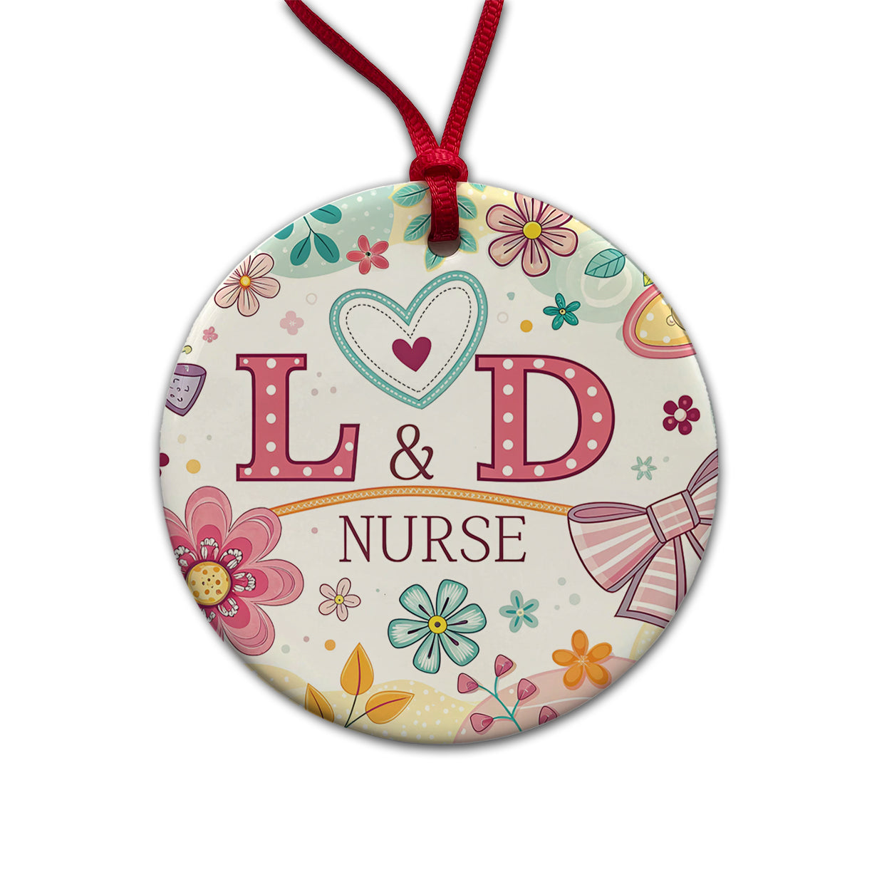 L & D Labor And Delivery Nurse Appreciation Coquette Bows Flowers Round Ceramic Holiday Christmas Tree Ornament