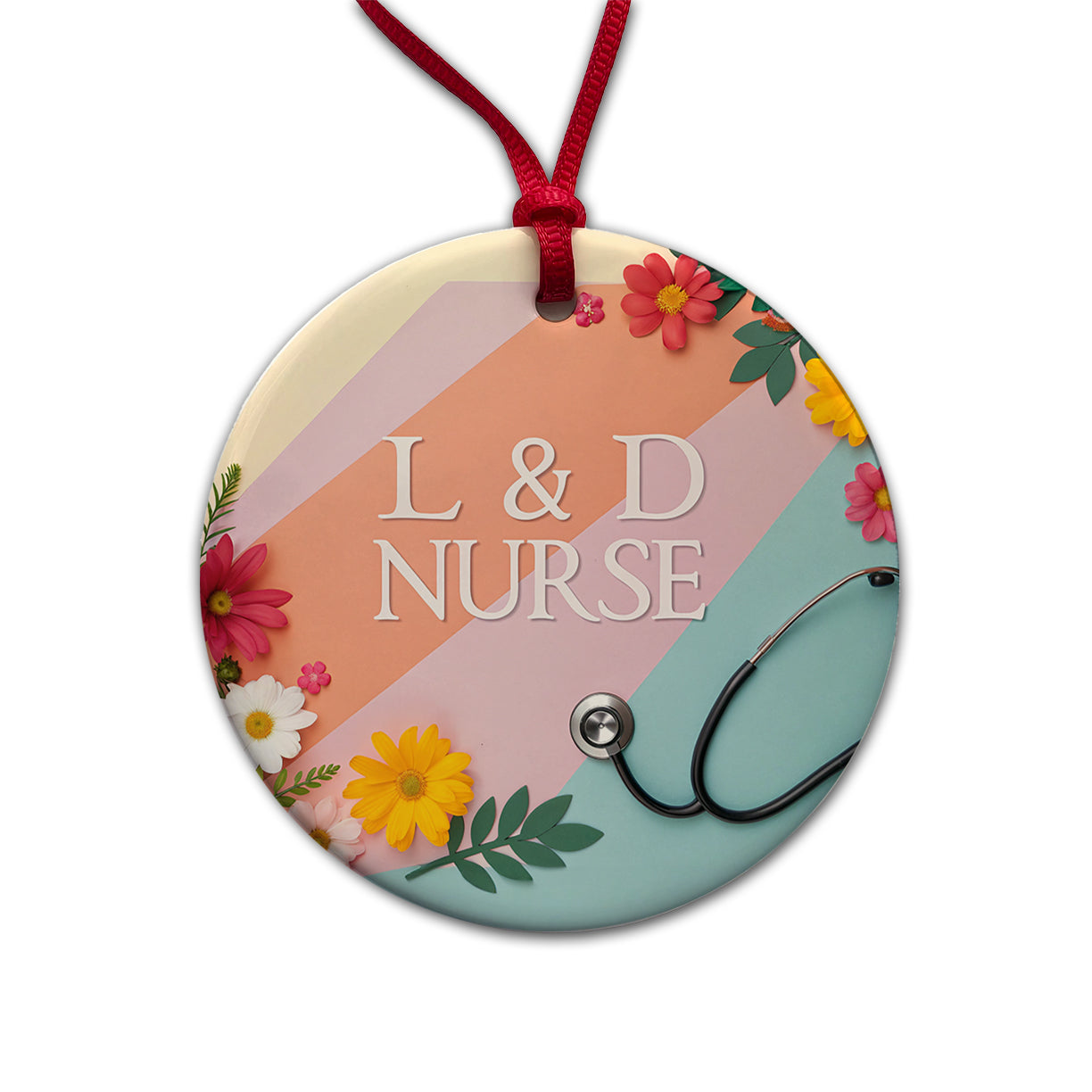 L & D Labor And Delivery Nurse Appreciation Stethoscope Flowers Round Ceramic Holiday Christmas Tree Ornament