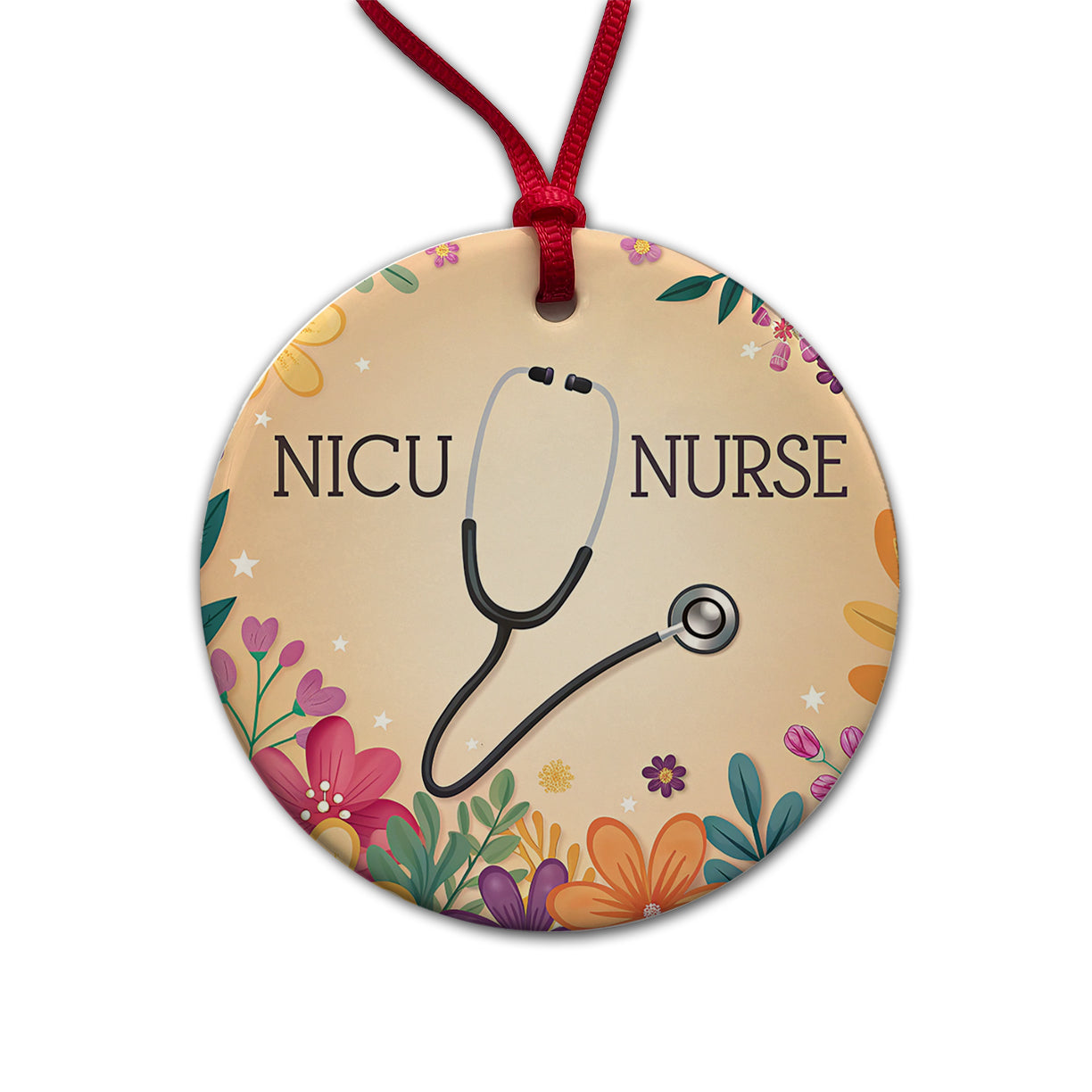 NICU Neonatal Nurse Appreciation Stethoscope Flowers Round Ceramic Holiday Christmas Tree Ornament