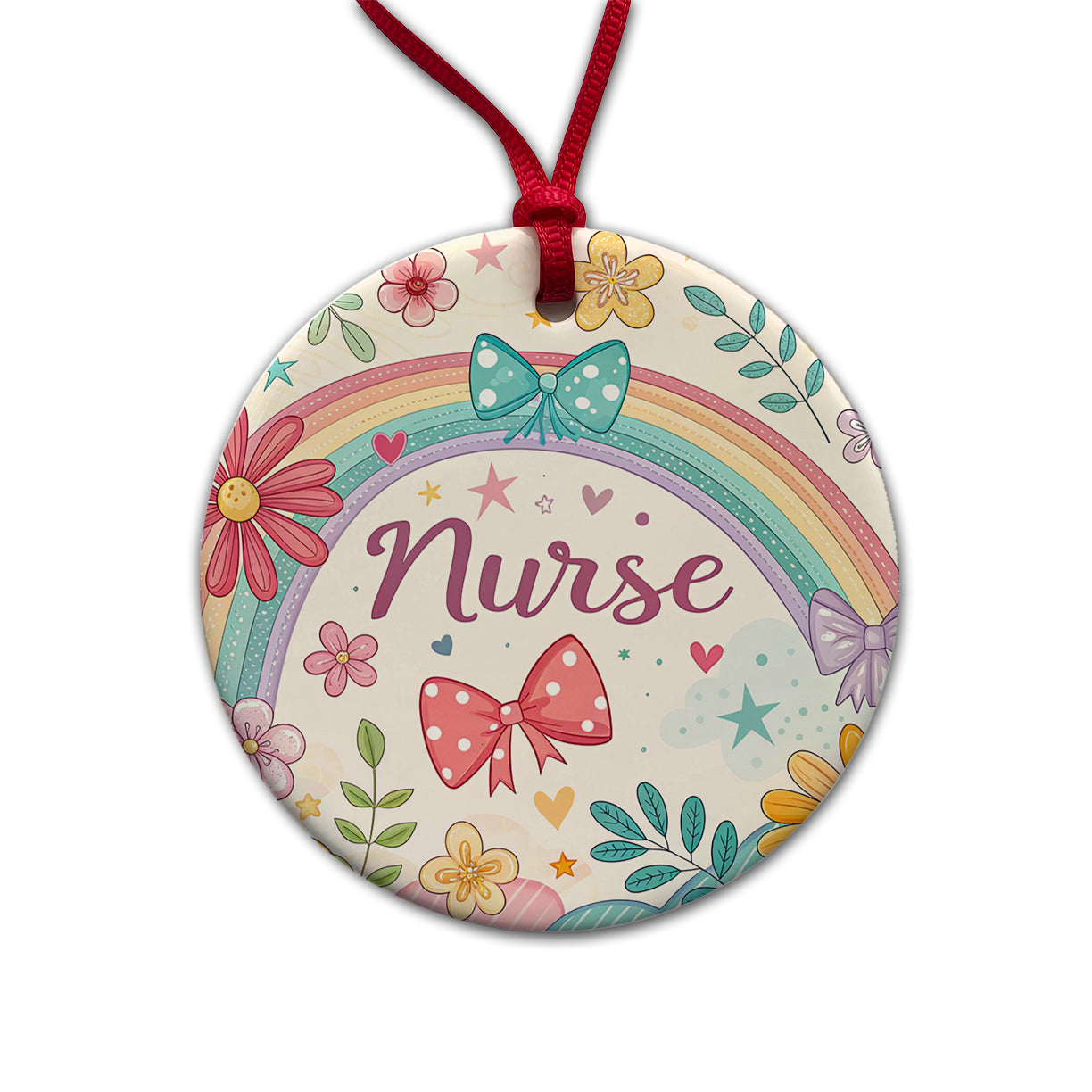 Nurse Appreciation Coquette Bows Flowers Round Ceramic Holiday Christmas Tree Ornament