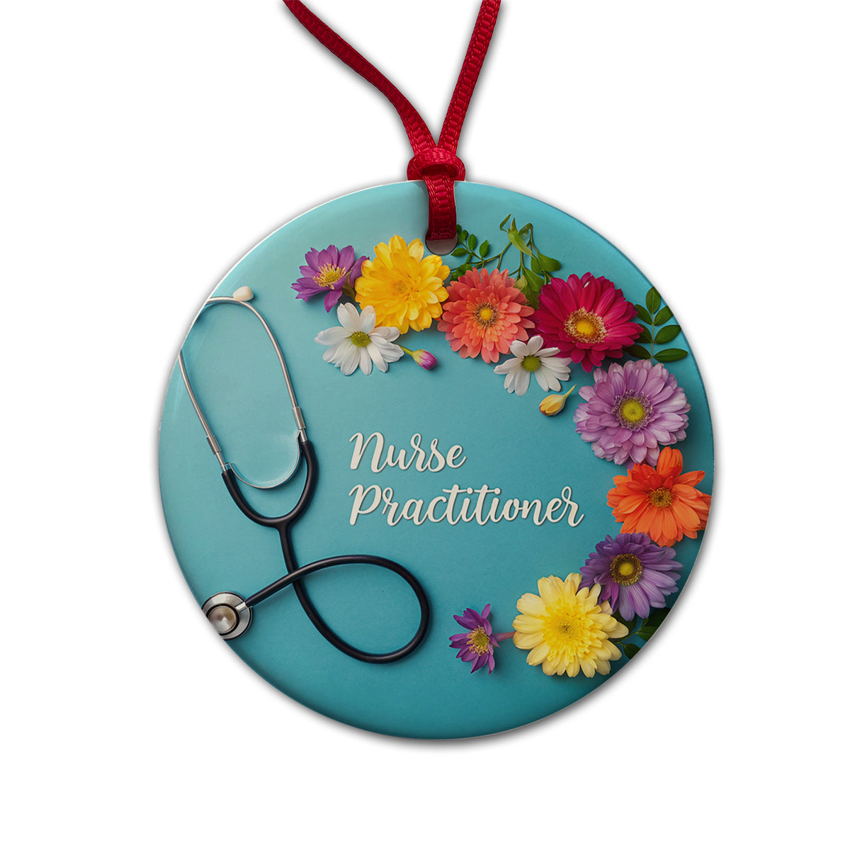 Nurse Practitioner Appreciation Stethoscope Flowers Round Ceramic Holiday Christmas Tree Ornament