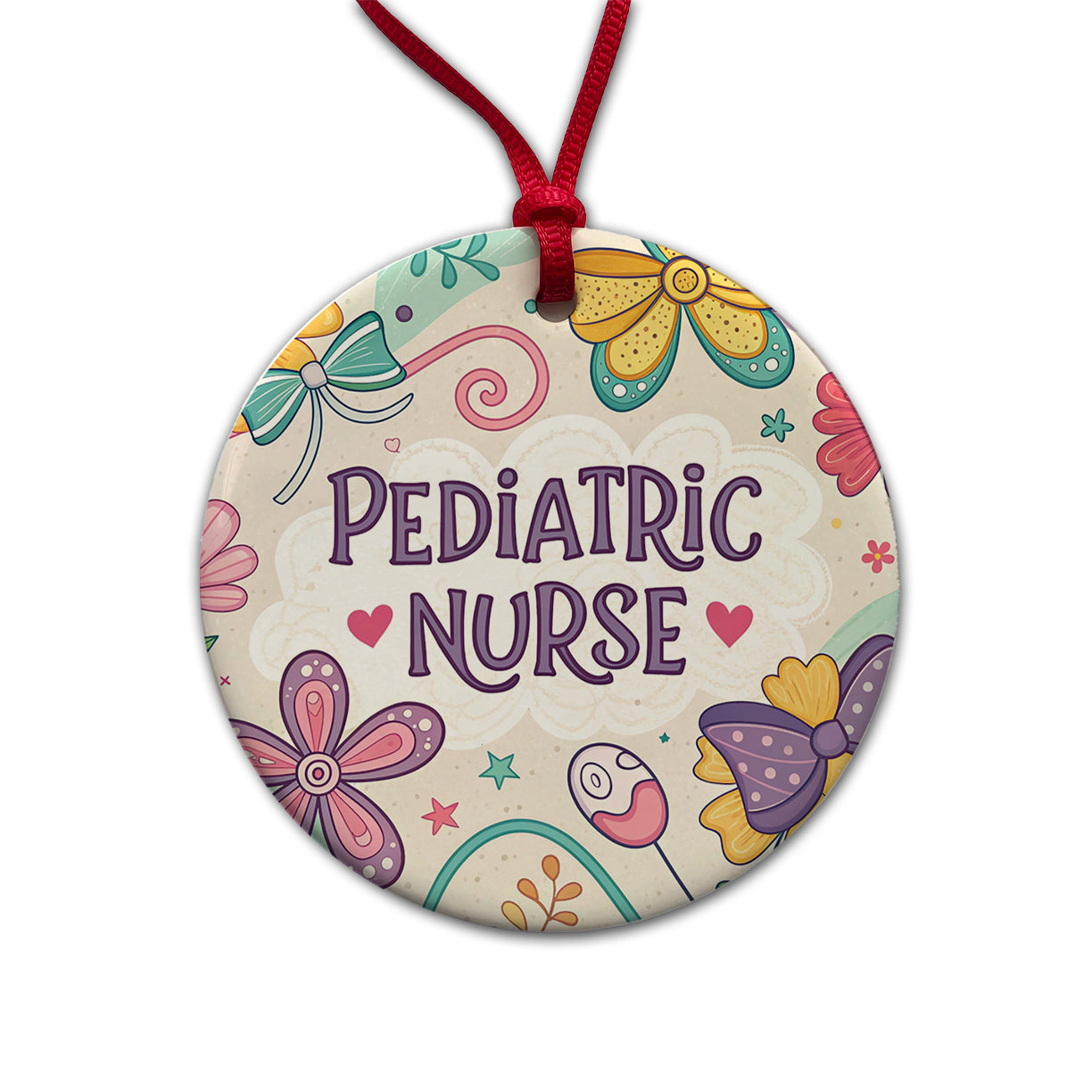 Pediatric Nurse Appreciation Coquette Bows Flowers Round Ceramic Holiday Christmas Tree Ornament