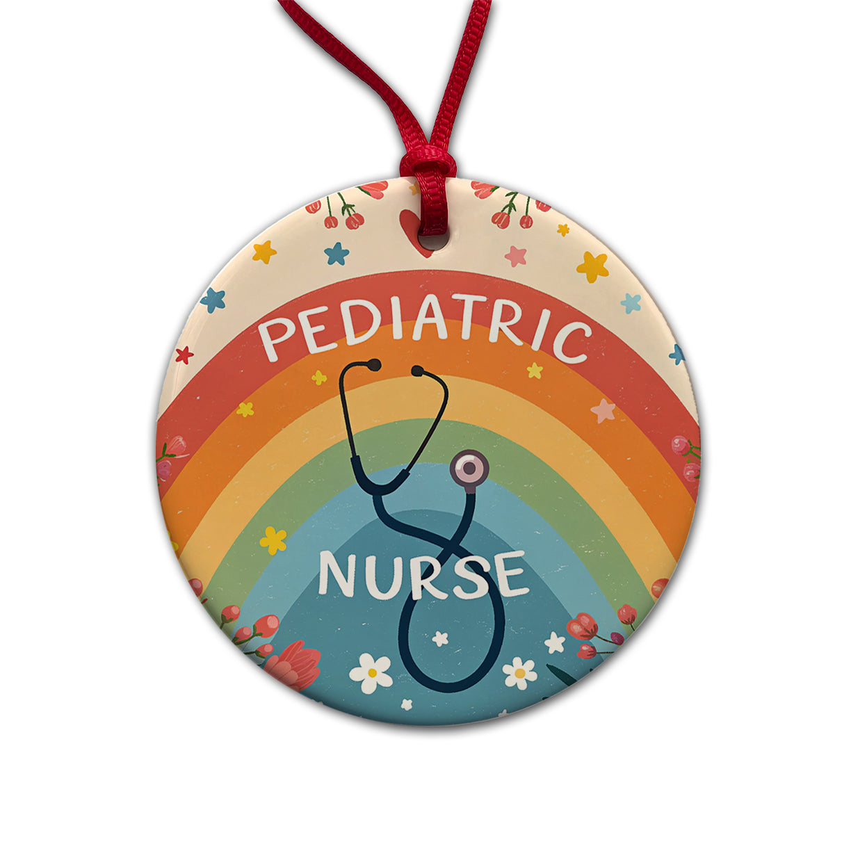 Pediatric Nurse Appreciation Stethoscope Flowers Round Ceramic Holiday Christmas Tree Ornament