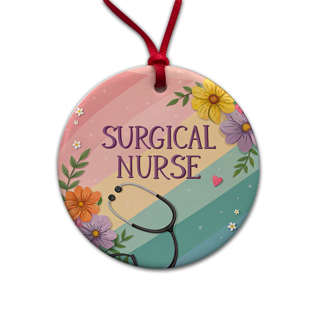 Surgical Nurse Appreciation Stethoscope Flowers Round Ceramic Holiday Christmas Tree Ornament