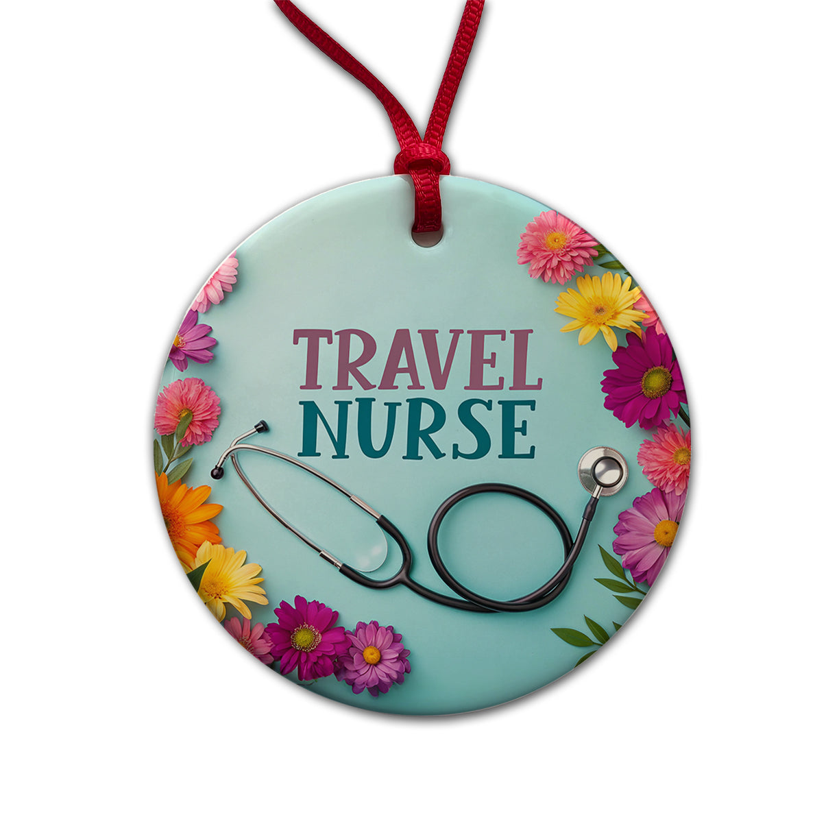 Travel Nurse Appreciation Stethoscope Flowers Round Ceramic Holiday Christmas Tree Ornament