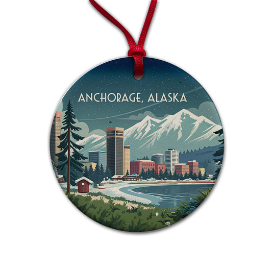 Anchorage, Alaska AK Travel City State Stamp Round Ceramic Holiday Christmas Tree Ornament