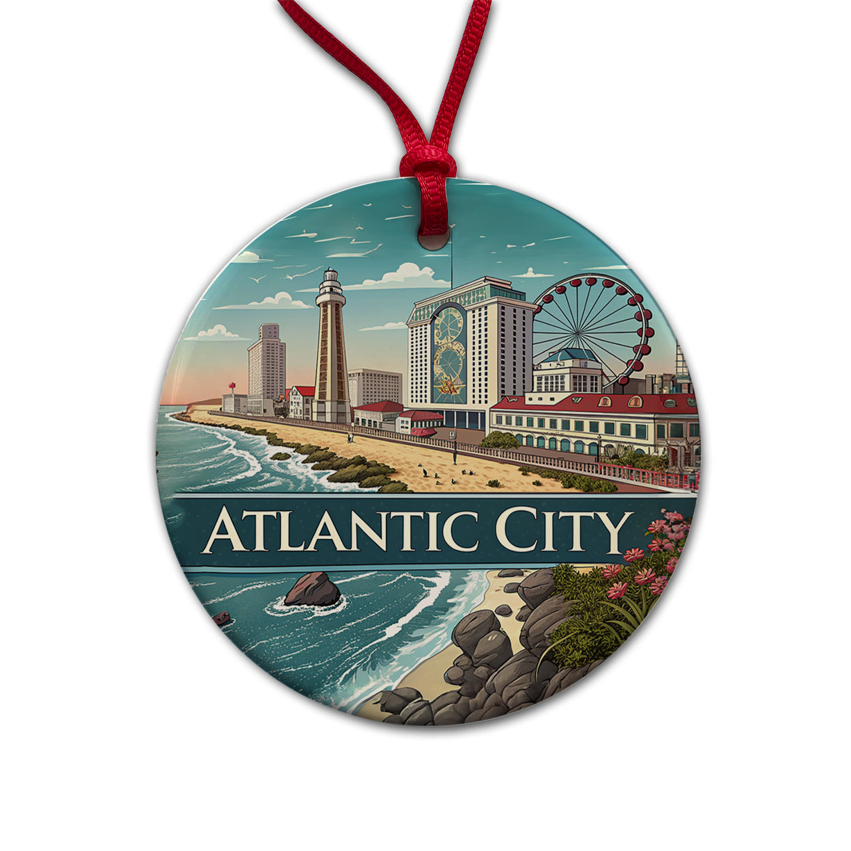 Atlantic City, New Jersey NJ Travel City State Stamp Round Ceramic Holiday Christmas Tree Ornament