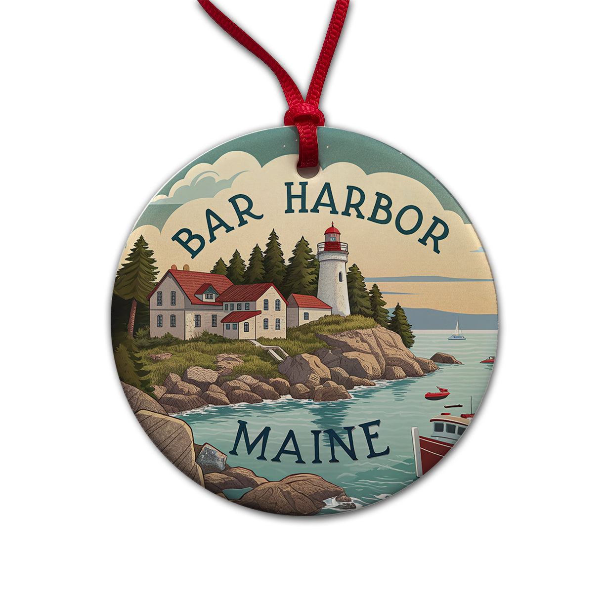 Bar Harbor, Maine ME Travel City State Stamp Round Ceramic Holiday Christmas Tree Ornament