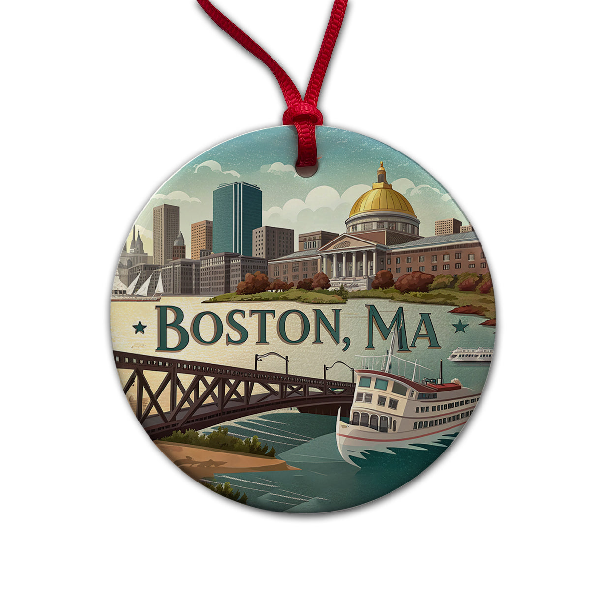 Boston, Massachusetts MA Travel City State Stamp Round Ceramic Holiday Christmas Tree Ornament