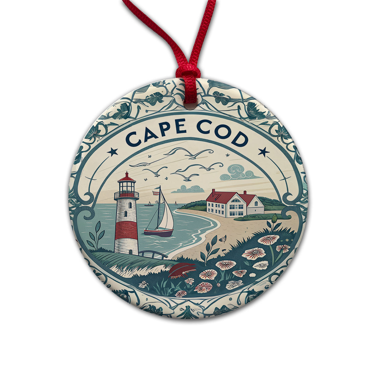 Cape Cod, Massachusetts MA Travel City State Stamp Round Ceramic Holiday Christmas Tree Ornament
