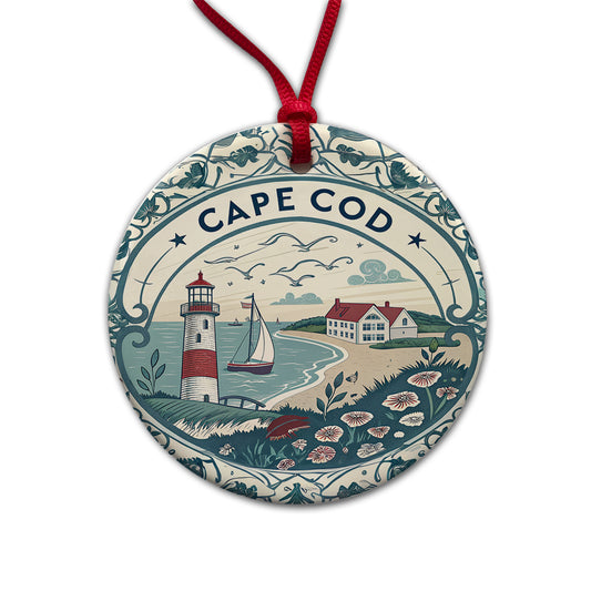 Cape Cod, Massachusetts MA Travel City State Stamp Round Ceramic Holiday Christmas Tree Ornament