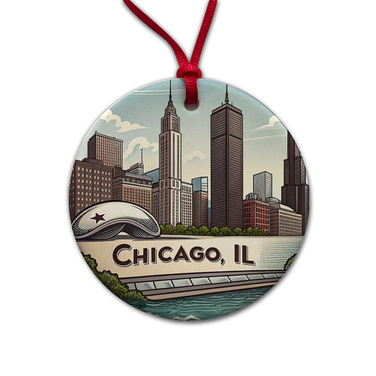 Chicago, Illinois IL Travel City State Stamp Round Ceramic Holiday Christmas Tree Ornament