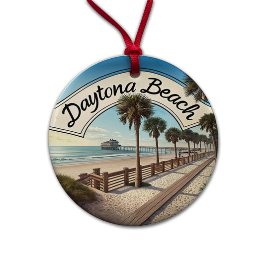 Daytona Beach, Florida FL Travel City State Stamp Round Ceramic Holiday Christmas Tree Ornament