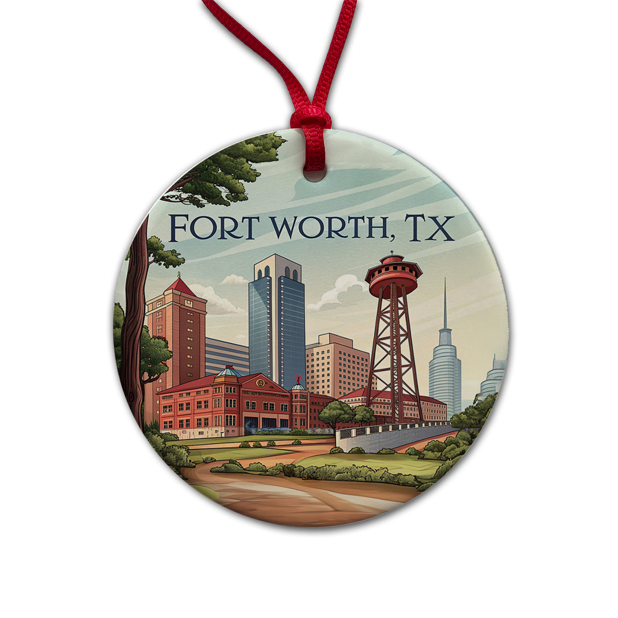 Fort Worth, Texas TX Travel City State Stamp Round Ceramic Holiday Christmas Tree Ornament