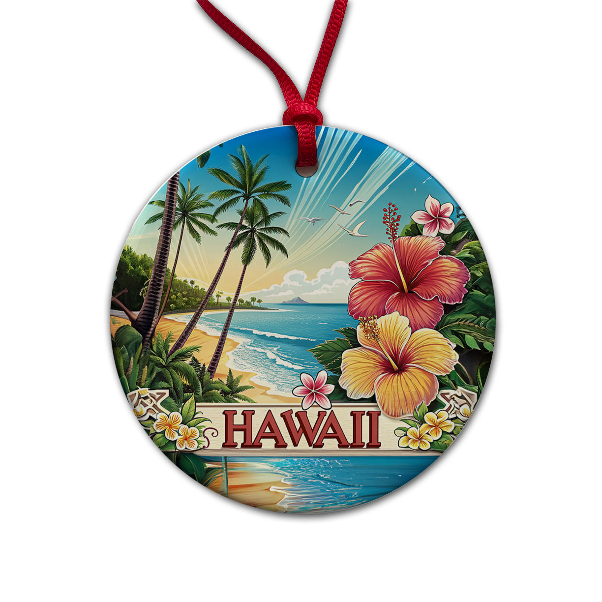 Hawaii HI Travel City State Stamp Round Ceramic Holiday Christmas Tree Ornament