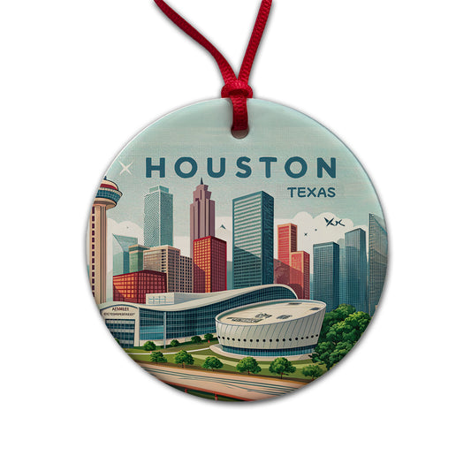 Houston, Texas TX Travel City State Stamp Round Ceramic Holiday Christmas Tree Ornament