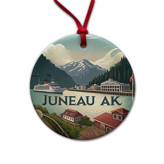 Juneau, Alaska AK Travel City State Stamp Round Ceramic Holiday Christmas Tree Ornament