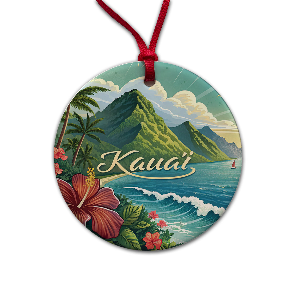 Kaua'i, Hawaii HI Travel City State Stamp Round Ceramic Holiday Christmas Tree Ornament